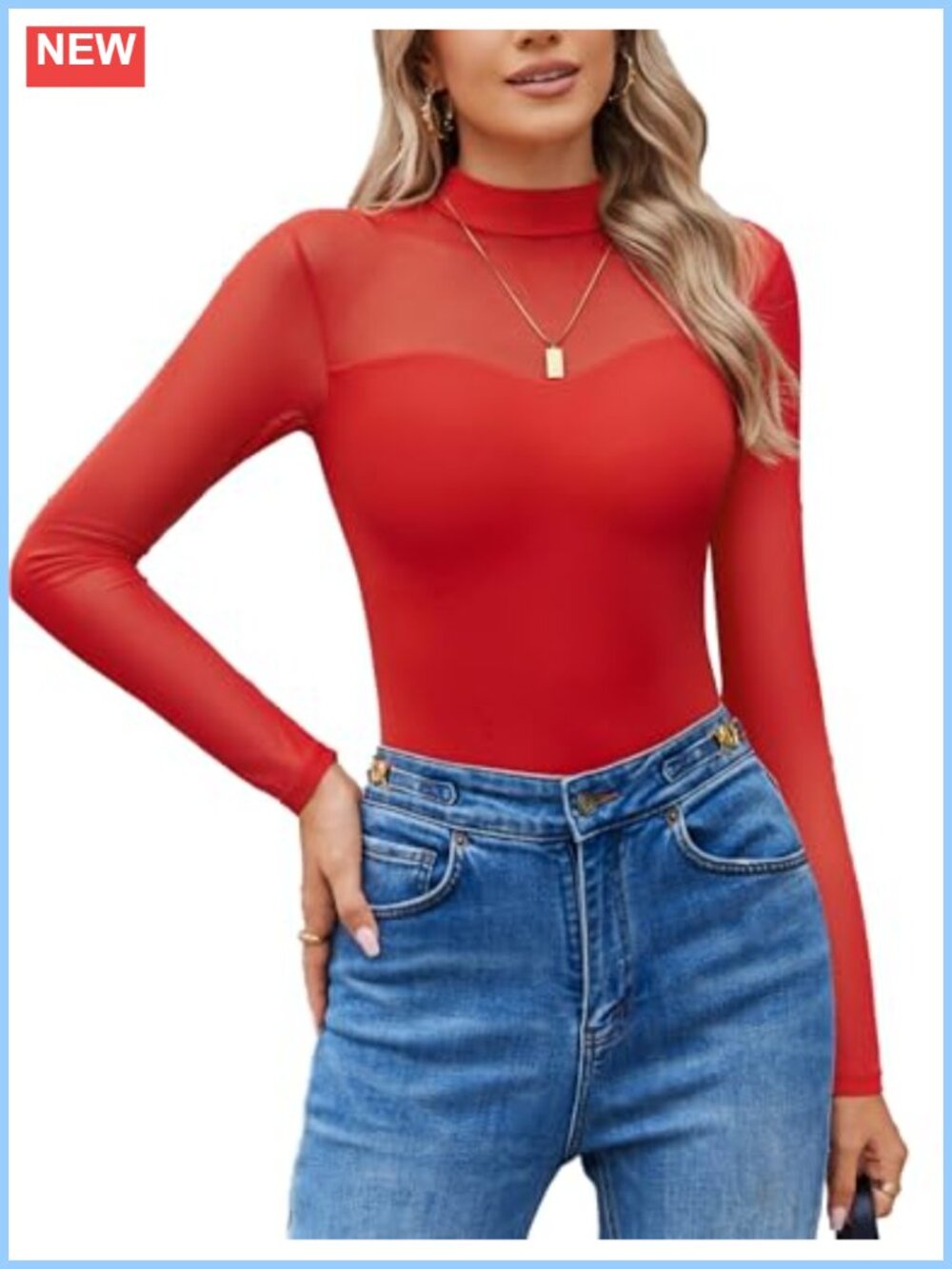 Long Sleeve Mock Neck Sheer Mesh Bodysuit Double Lined Snap Crotch Going Out Top